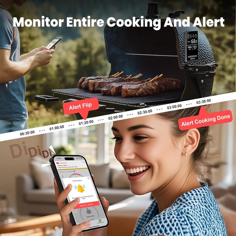 BtcLink WiFi Sub-1G Smart Meat Thermometer Unlimited Range, 7 NIST-Cert.Sensors Magnetic Large-Display Smart Base, IP68 Wireless BBQ Grill &Smoker Thermometer, App&Standalone Monitoring(1,Black,Small) - Image 5